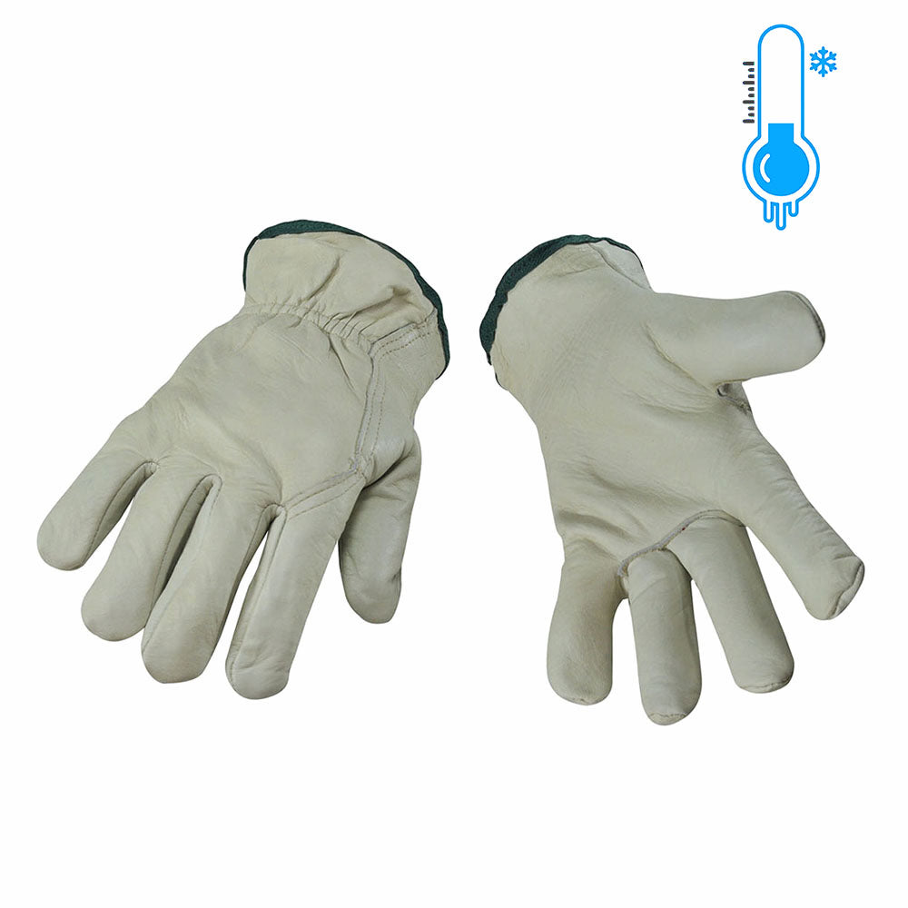 Pair of large insulated trucker gloves in full leather with reinforced cuffs for durability and dexterity in cold conditions