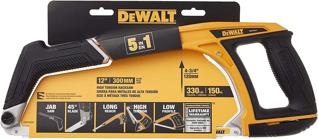 12-inch DEWALT manual hacksaw with 45-degree blade, long reach, high tension, low profile, and lifetime warranty label