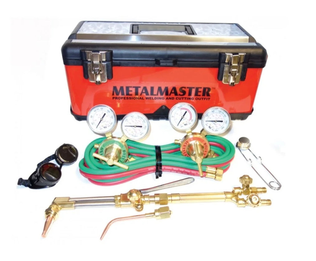 MetalMaster oxy-acetylene welding and cutting kit with gauges, hoses, torch handle, goggles, and red toolbox case