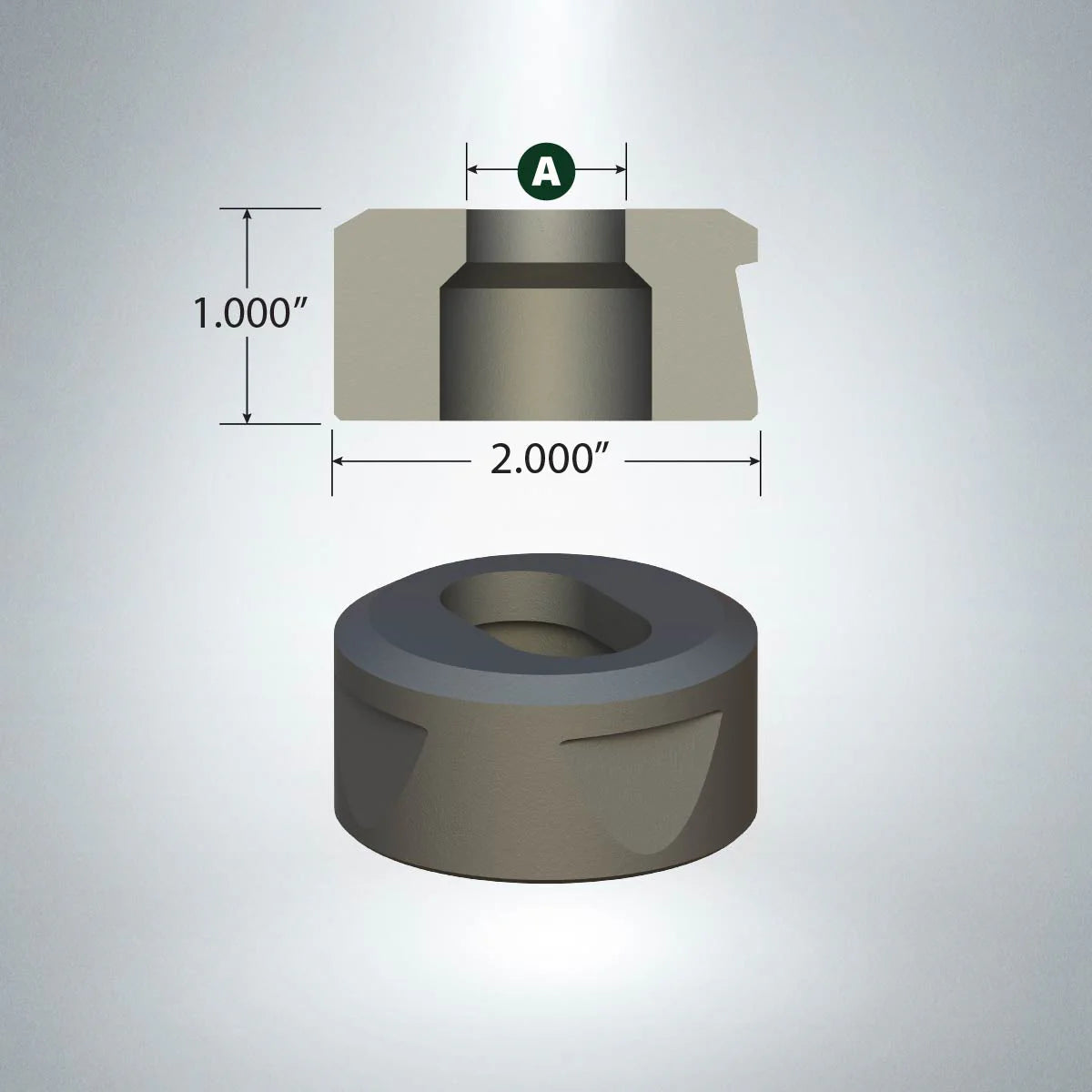 Oblong matrix die with 2-inch base diameter, 1-inch height, and positioning notches for precise alignment
