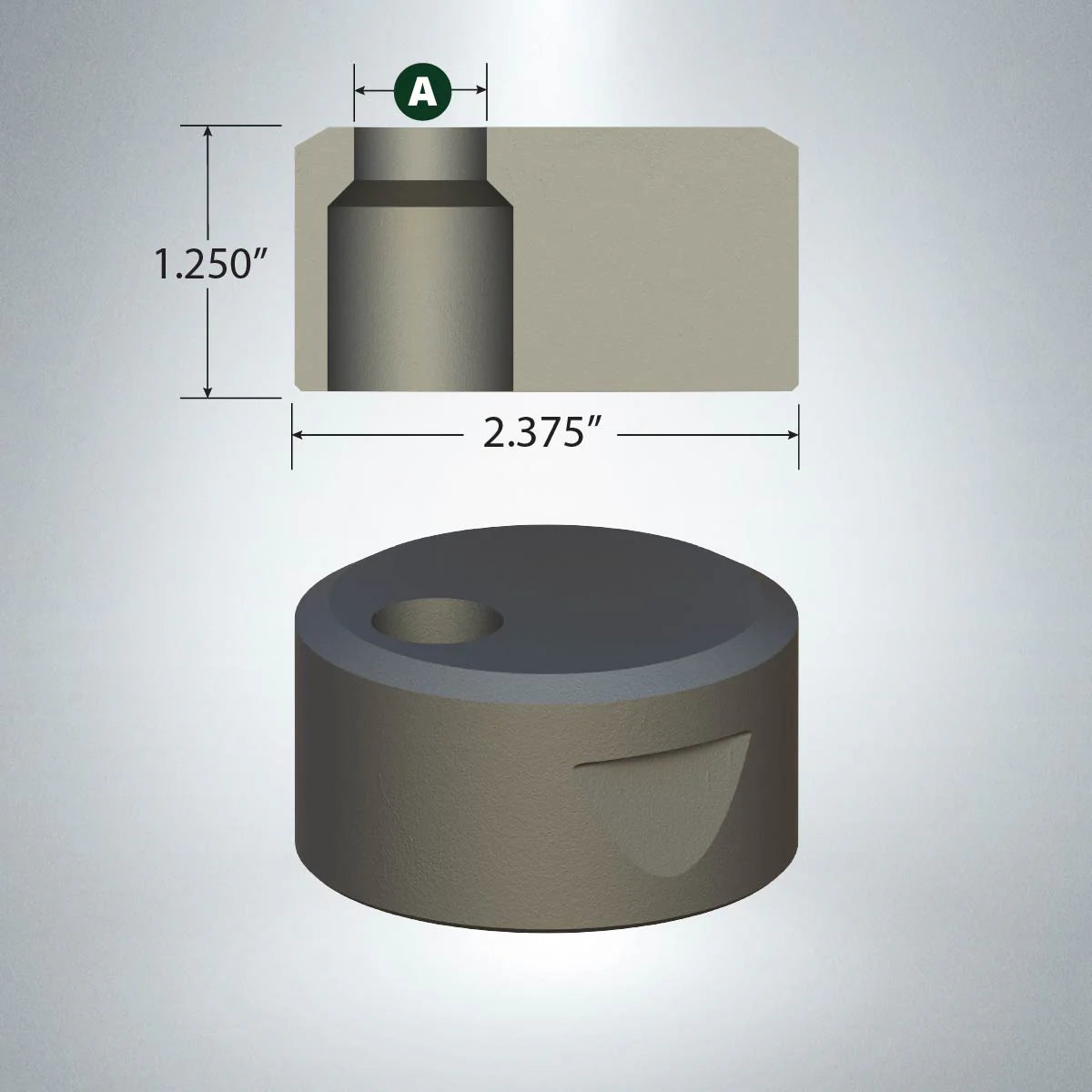 Round offset cutting die matrix with positioning notch, 1.25 inch height and 2.375 inch diameter, steel construction