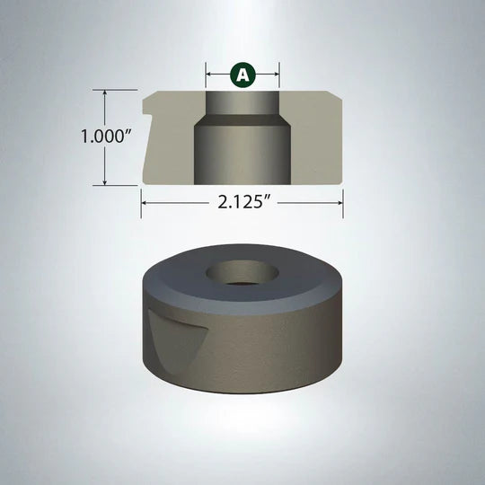 Cylindrical steel matrice with positioning notch, 1-inch height and 2.125-inch diameter for Cleveland C740 press.
