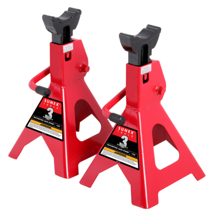 Pair of red 3-ton Sunex jack stands with adjustable height, steel construction, and wide base for vehicle support