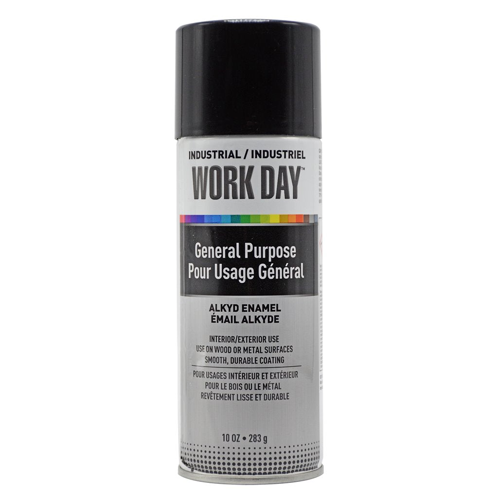 10 oz industrial black glossy spray paint can, alkyd enamel for general purpose on wood and metal surfaces