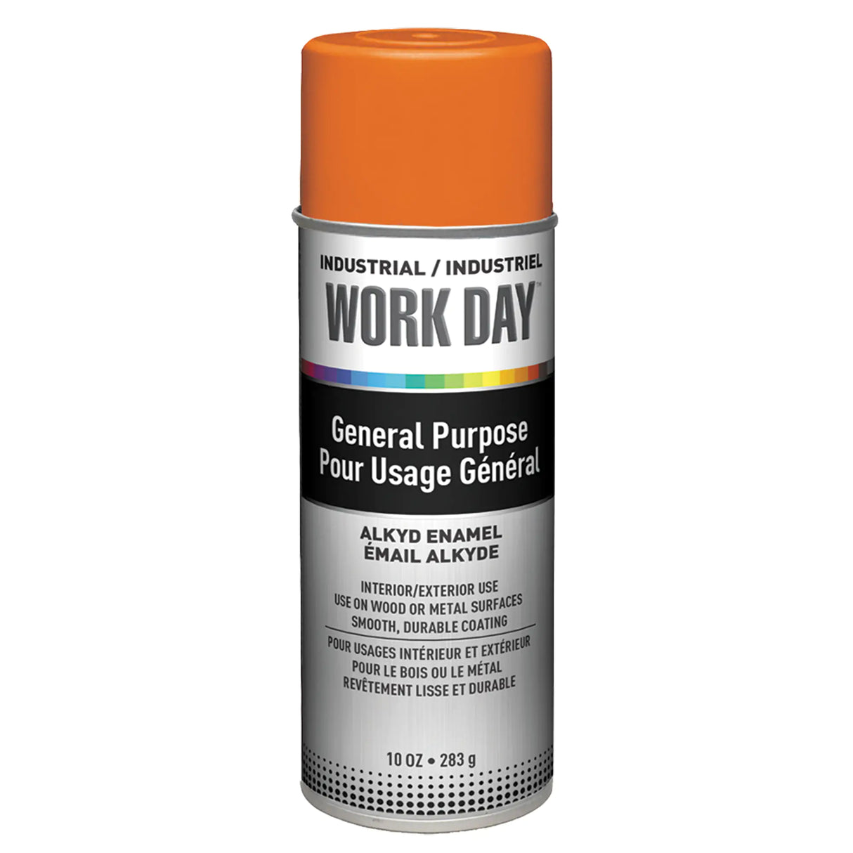 Orange glossy industrial spray paint can with alkyd enamel for general purpose indoor and outdoor use