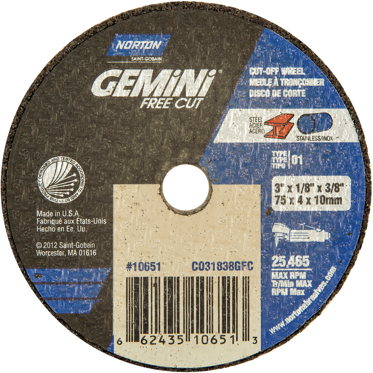 3" X 1/8 X 3/8 GEM CUTTING WHEEL (10651)