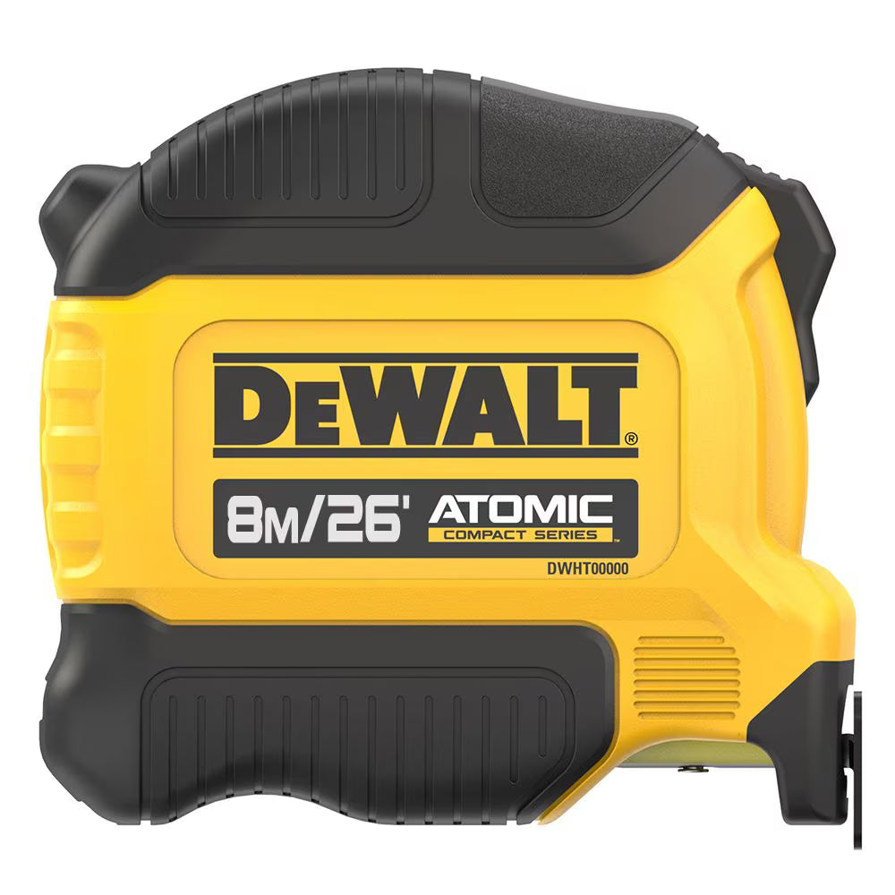 Compact 8m/26ft DEWALT Atomic tape measure with ergonomic grip and integrated finger brake for precise measuring tasks