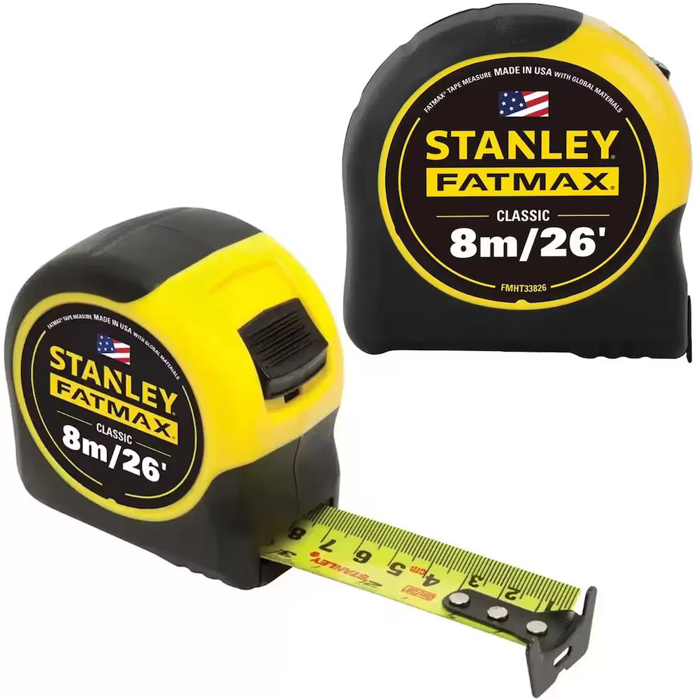 Set of 2 Stanley Fatmax 8m/26ft tape measures with durable yellow and black casing for precise measurements