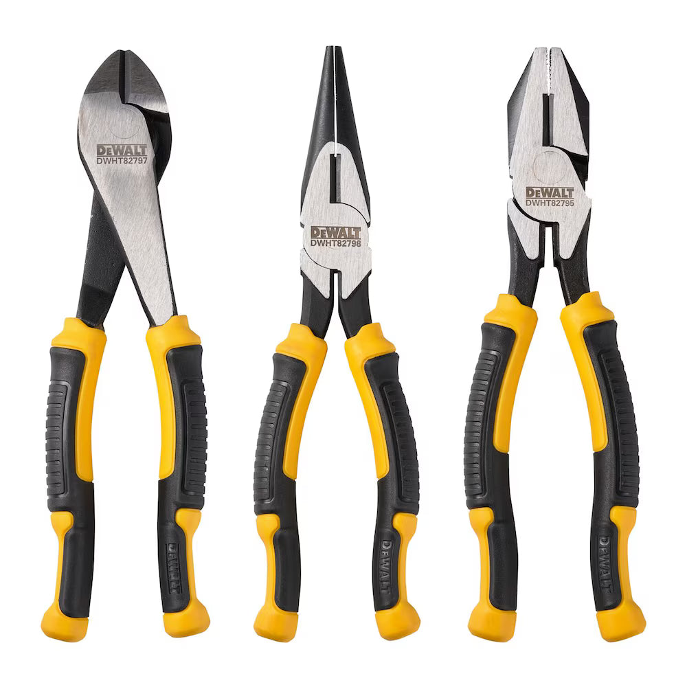 Set of three DEWALT pliers including diagonal cutter, long nose, and combination pliers with yellow and black handles