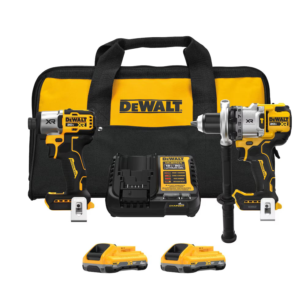 DeWalt 20V MAX XR hammer drill and impact driver combo kit with batteries, charger, and carrying bag