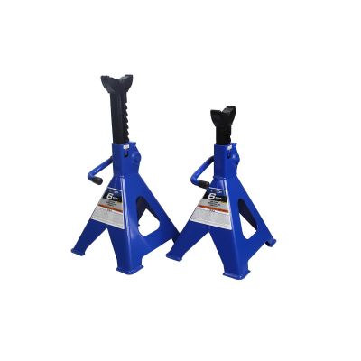 Pair of blue 6-ton steel jack stands with ratchet adjustment for vehicle support and safety during maintenance