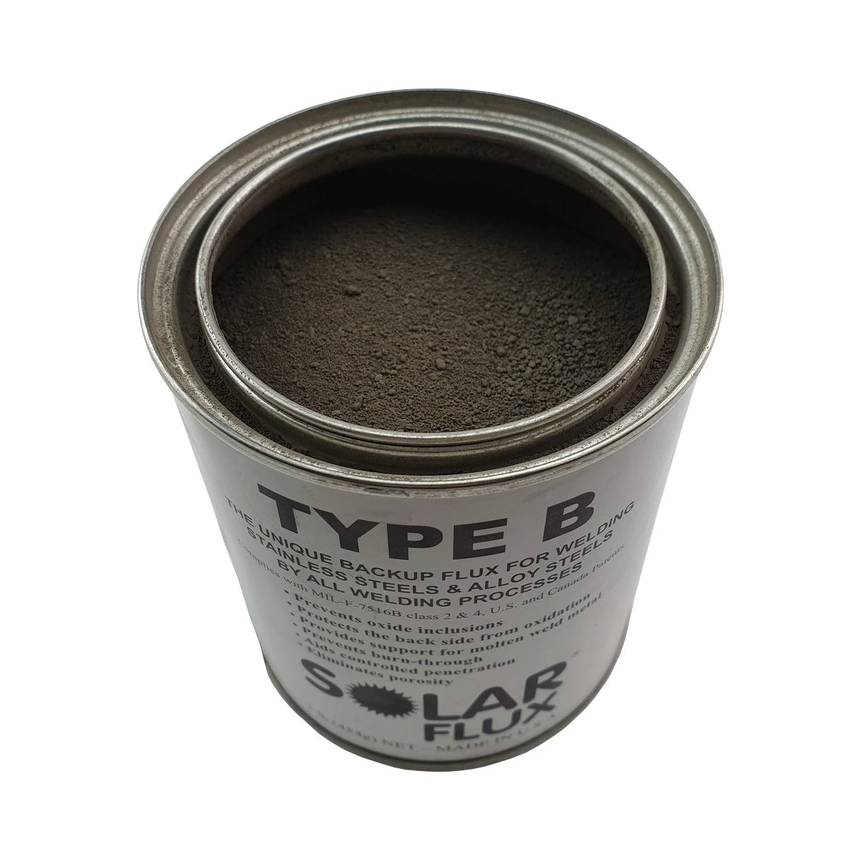 1 lb metal can of Solar Flux Type B fine powder flux for stainless steel and alloy steel welding processes