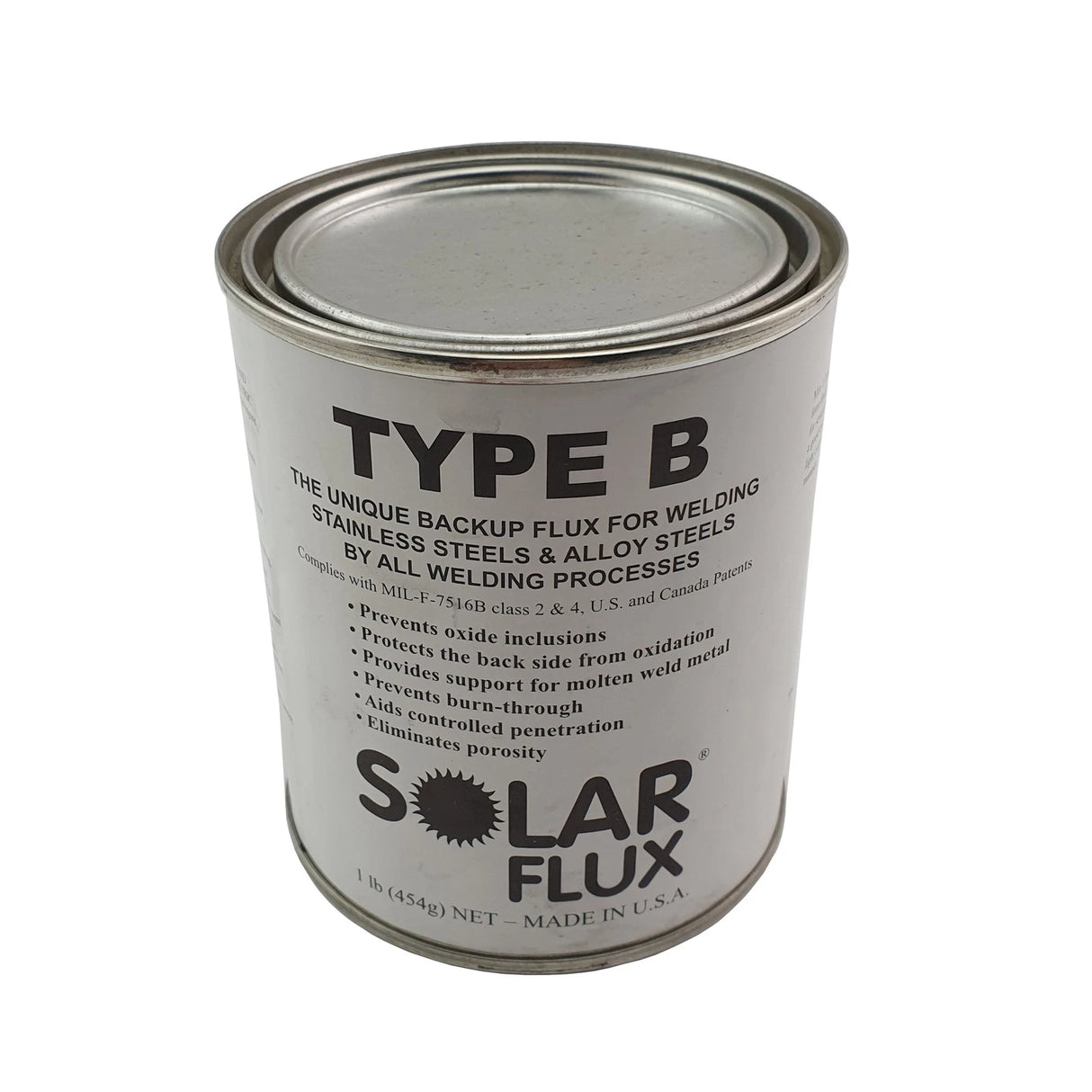 1 lb can of Solar Flux Type B backup welding flux for stainless and alloy steels, prevents oxidation and porosity
