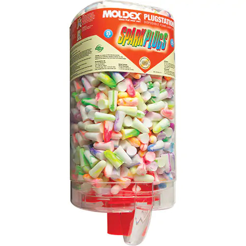Clear dispenser box filled with 500 colorful disposable foam earplugs and red ratchet dispensing mechanism