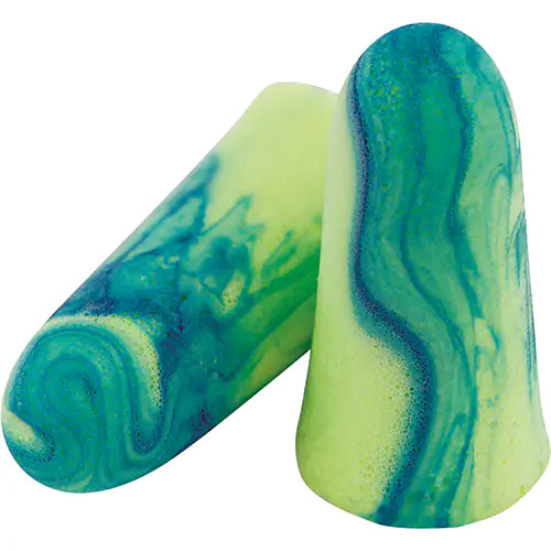 Pair of green and blue disposable soft foam earplugs with low pressure for all-day comfort and easy insertion