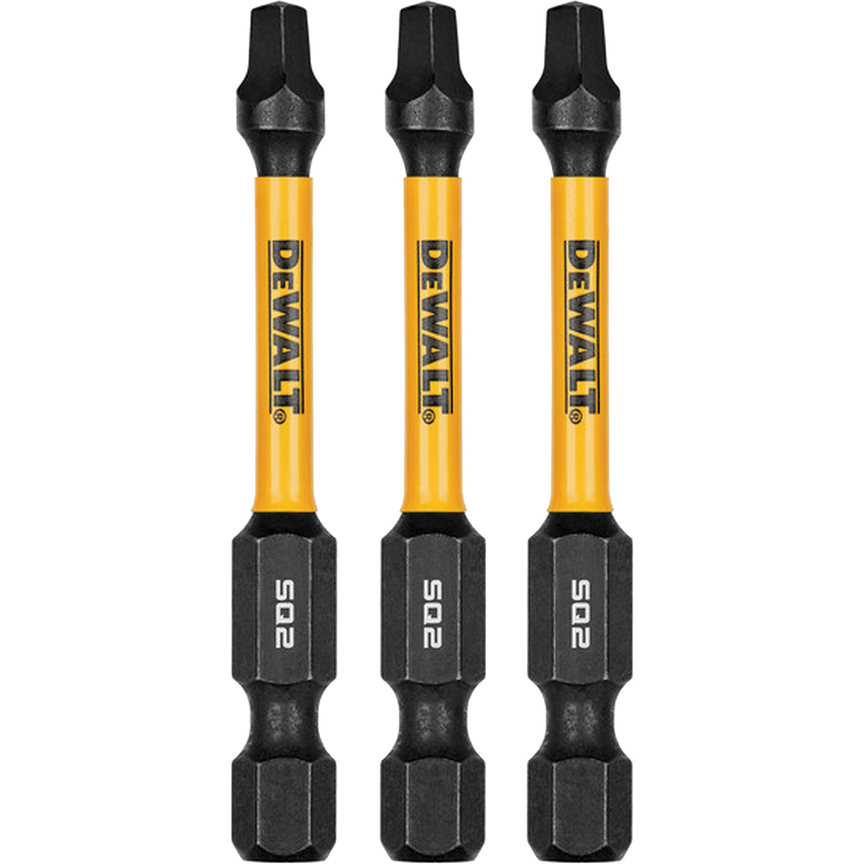 Set of three DEWALT 2-1/4" square drive bits with FlexTorq geometry for extended durability and shock absorption
