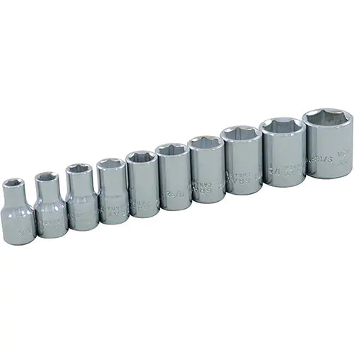 Set of 10 chrome plated 1/4 inch drive sockets made from premium steel for corrosion resistance and durability