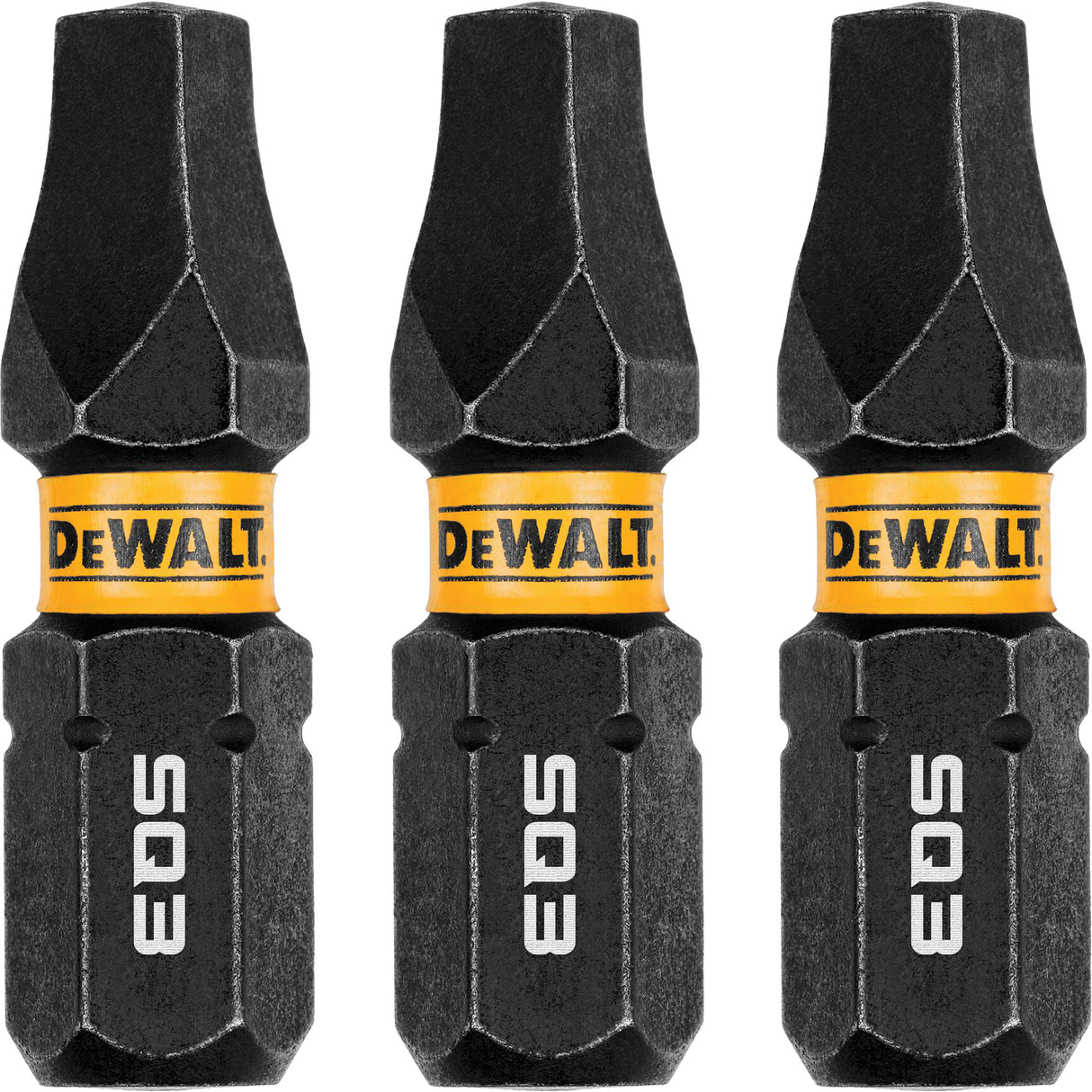 Three-pack of DeWalt 1-inch square drive impact driver bits with durable black and yellow design