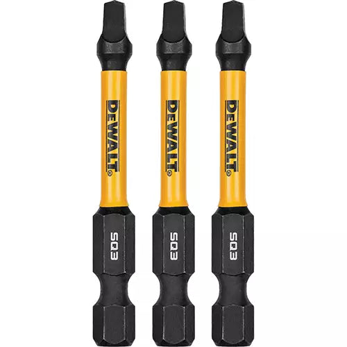 Set of three DEWALT 2-1/4" square drive impact drill bits with yellow shaft and black hex ends