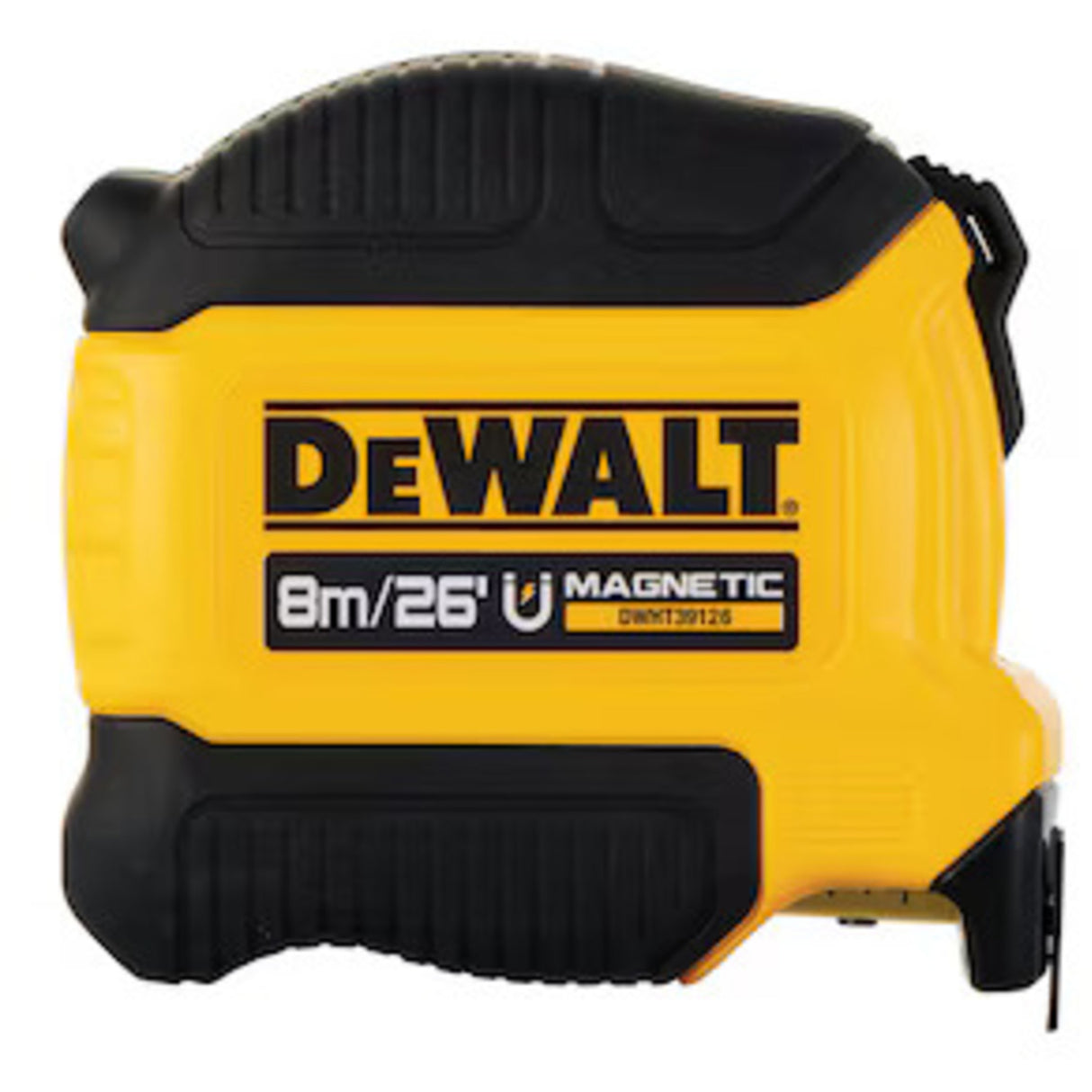 Compact 8m/26ft DeWalt tape measure with magnetic hook, durable yellow and black casing for precise measuring in tight spaces