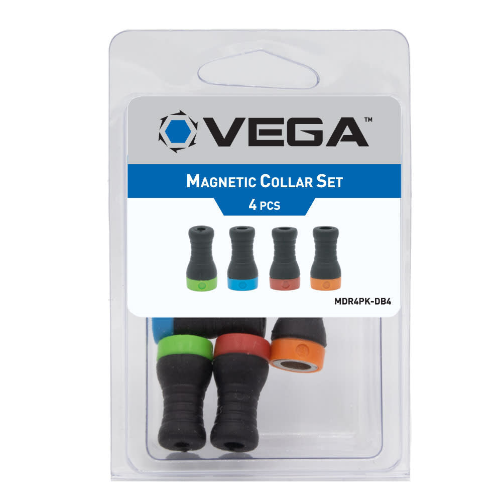 Set of 4 Vega magnetic collars for 2-3/4" electric bits, color-coded for easy screw alignment and thread prevention