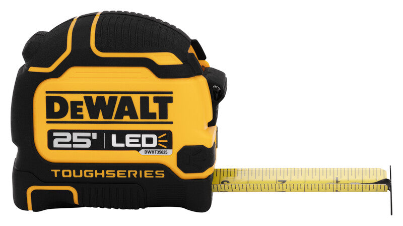 25-foot DEWALT ToughSeries tape measure with integrated LED light and durable yellow and black casing