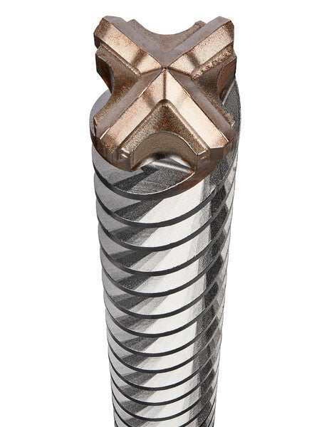 SDS MAX masonry drill bit with carbide tip and four cutting edges, designed for heavy-duty concrete drilling tasks