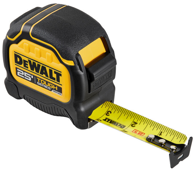 25ft DEWALT TOUGHSERIES measuring tape with durable black and yellow casing, metal hook, and clear measurement markings