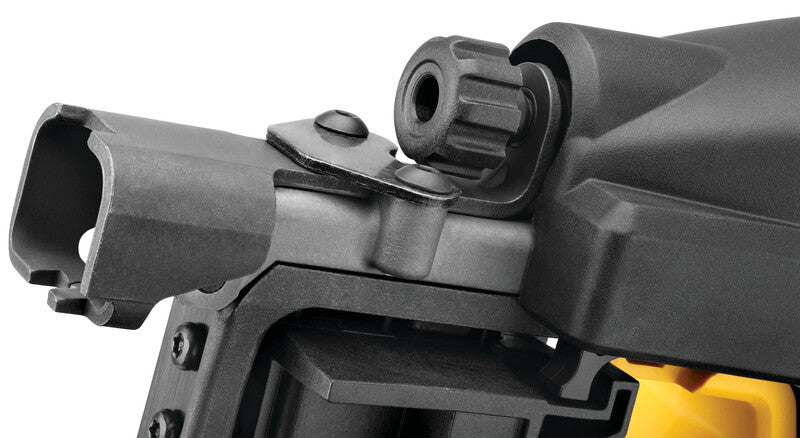 Close-up of a cordless rural fencing stapler showing metal magazine, adjustment knob, and yellow battery housing.