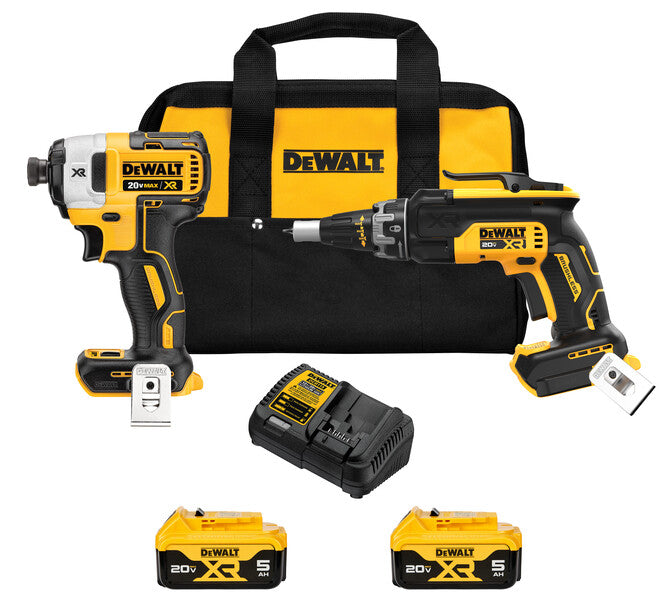 DeWalt cordless drywall screw gun and impact driver set with two 5Ah batteries, charger, and black-yellow carrying bag