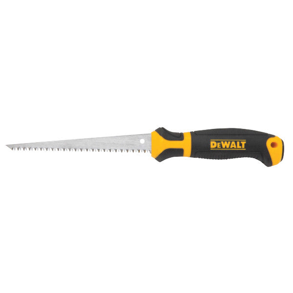 DEWALT jab saw with ergonomic black and yellow handle and aggressive teeth for faster cutting of drywall and plastic materials
