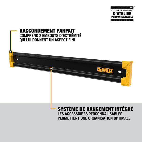 20-inch black metal rail with yellow end caps, integrated storage system for customizable workshop organization
