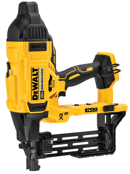 Cordless 20V DEWALT 9GA brushless fence stapler with ergonomic grip and 3-in-1 magazine for rural use