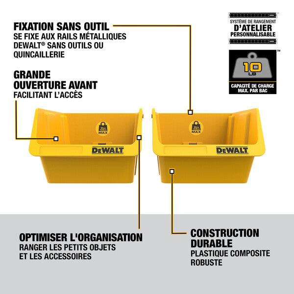 Pack of 2 yellow DEWALT plastic storage bins with front access, tool-free metal rail mounting, and 10 lb load capacity each