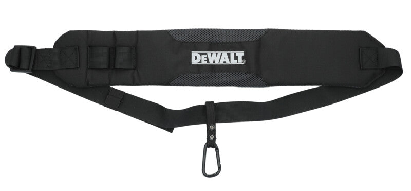 Black DeWalt single strap harness with padded support, adjustable buckle, and metal clip for tool carrying comfort and weight transfer