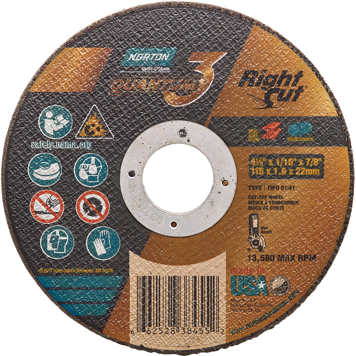 6-inch Quantum 3 right cut cutting wheel with ceramic alumina abrasive, designed for superior durability and high RPM use