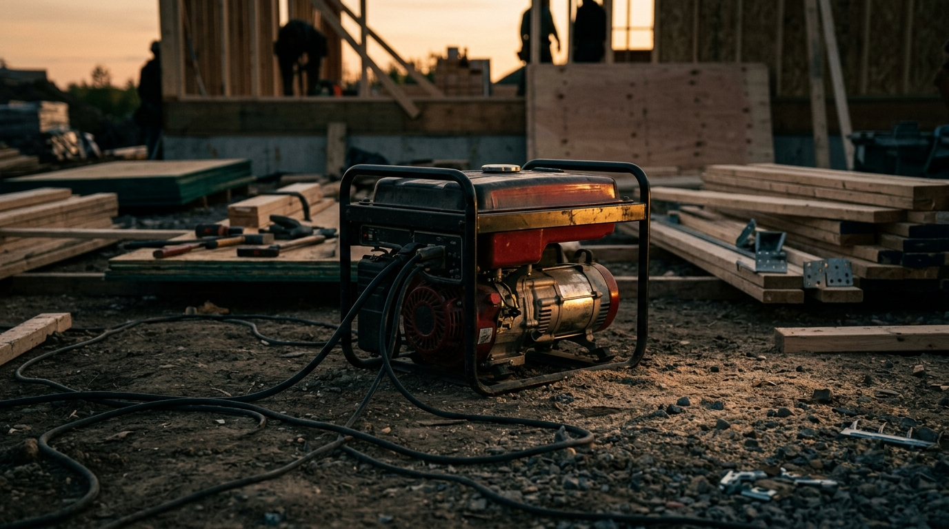 Une génératrice portative industrielle noire et rouge posée au sol sur un chantier de construction extérieur