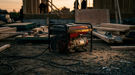 Une génératrice portative industrielle noire et rouge posée au sol sur un chantier de construction extérieur