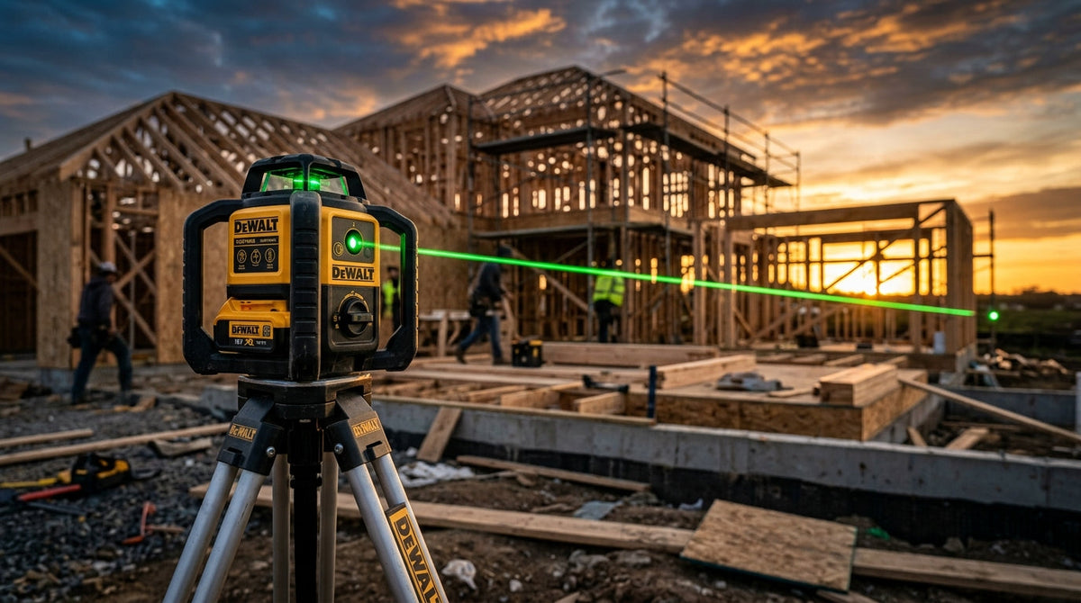laser rotatif DeWalt posé sur un trépied sur un chantier de construction extérieur