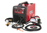 Compact MIG-PAK 180 welder with wire feeder, gas regulator, welding gun, and accessories for flux-cored or MIG welding