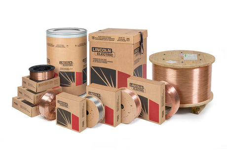 Various sizes of Lincoln Electric copper coated mild steel MIG welding wire spools and packaging boxes arranged on white background