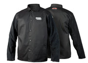 Traditional welding jacket with black split cowhide leather sleeves, button front, and Lincoln Electric logo patches