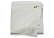 6ft x 6ft white welding curtain with grommets, rated for 550°C, FM approved for vertical hanging applications