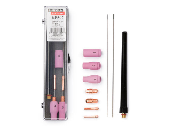TIG torch parts kit KP507 with ceramic cups, collets, collet bodies, tungsten electrode, and gas lens tube in clear plastic case