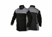 XL heavy-duty split leather welding jacket with flame-resistant gray and black fabric panels and snap closure