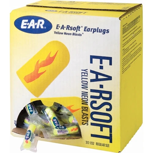 Box of 200 pairs of 3M E-A-R Soft earplugs Yellow Neon Blasts made of slow expansion foam, no cord