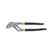 10-inch Stanley tongue and groove pliers with non-slip handles, heat-treated steel, and lubricant-resistant grip for secure turning