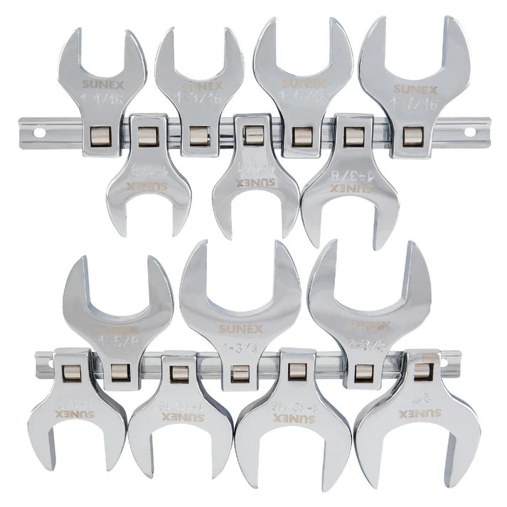 Set of 14 polished jumbo SAE 1/2" crowfoot wrenches with stamped sizes on steel holder for tight space access