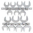 Set of 14 polished jumbo SAE 1/2" crowfoot wrenches with stamped sizes on steel holder for tight space access