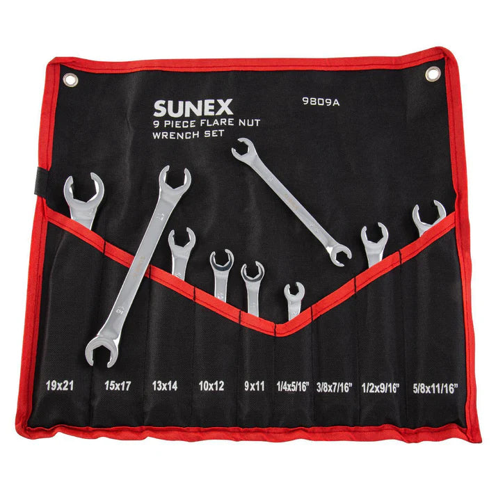 9-piece SAE and metric flare nut wrench set with polished finish in black and red roll-up pouch organizer